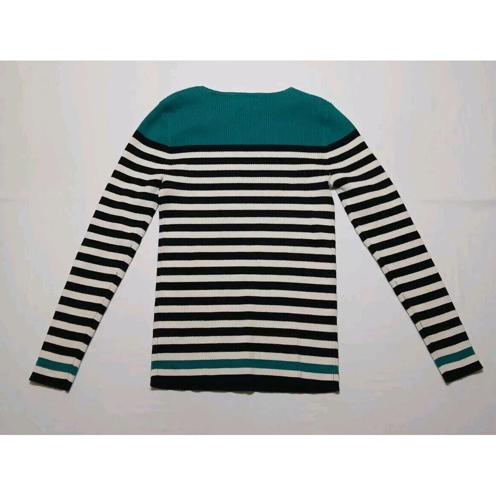 Lauren Ralph Lauren Rib Knit Sweater Women Medium Green Black Stripe Gold Button - Picture 3 of 8